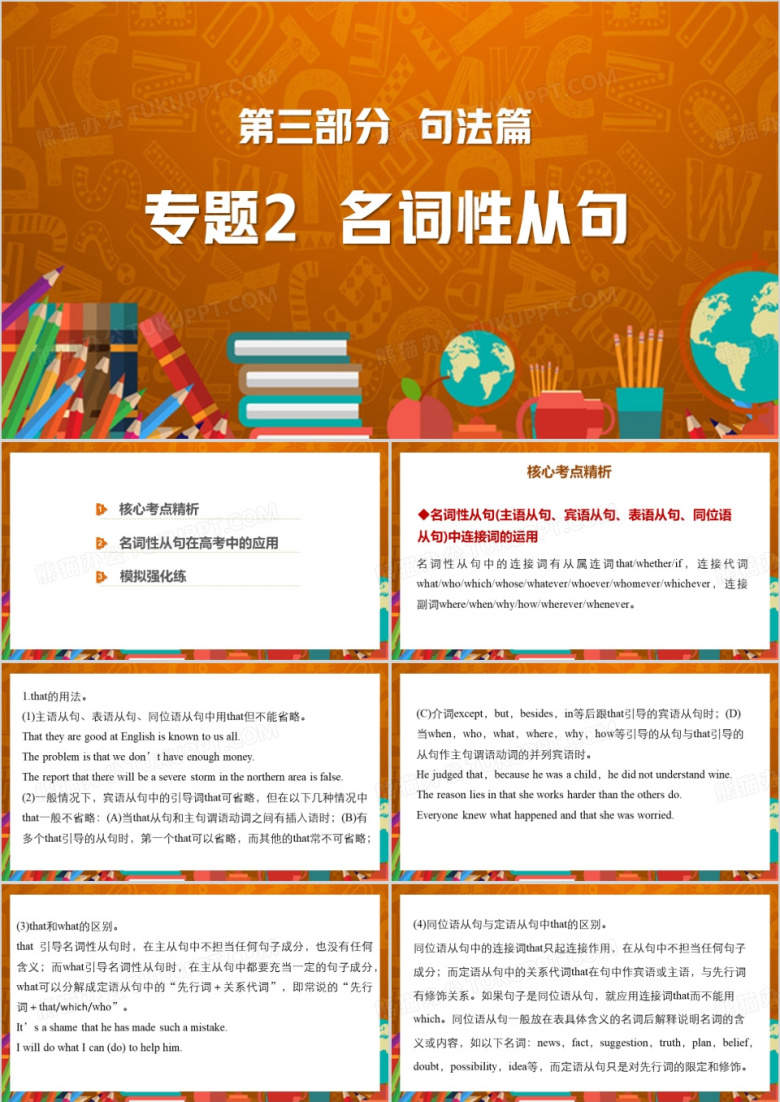 橙色简约风名词性从句PPT模板