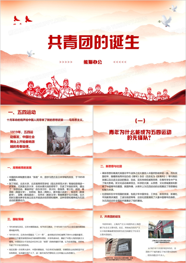 红色系简约风共青团的诞生PPT模板