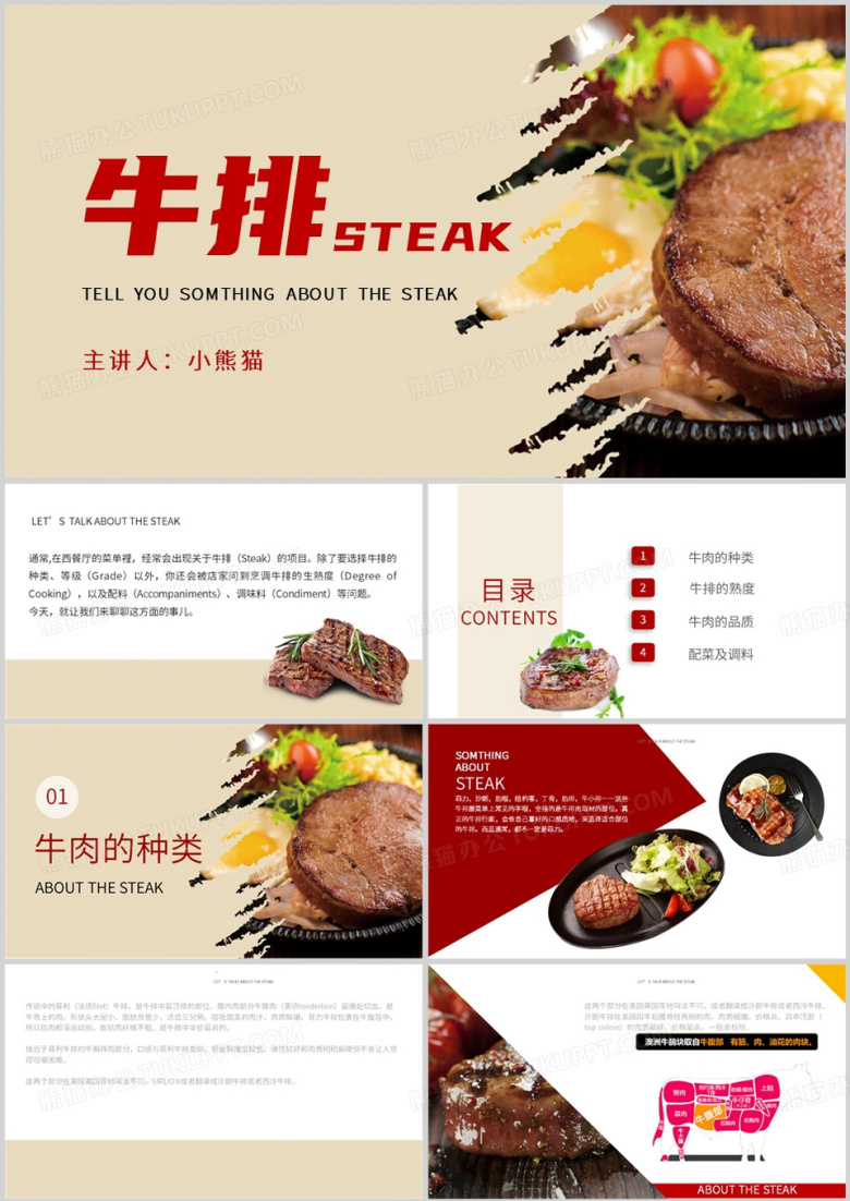 牛排种类熟度品质以及调料配菜PPT模板