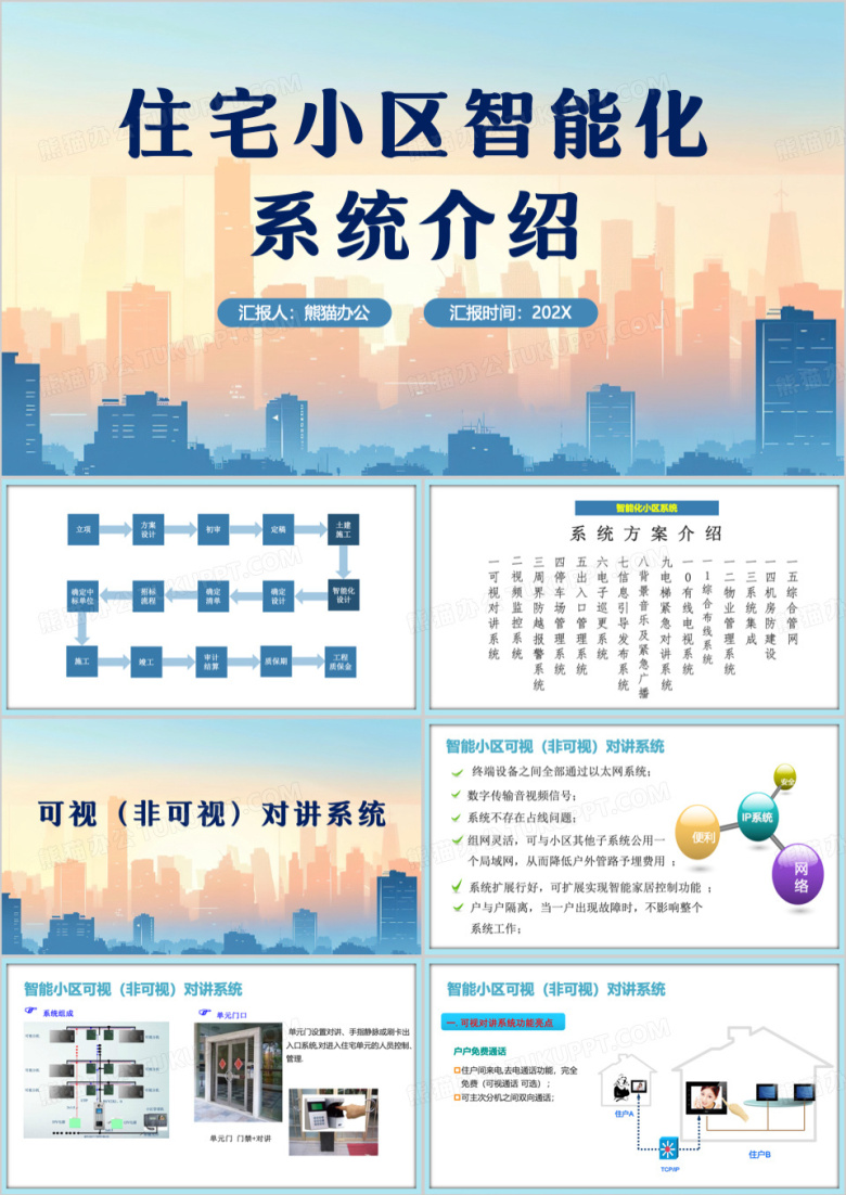 蓝色简约风住宅小区智能化系统介绍PPT模板