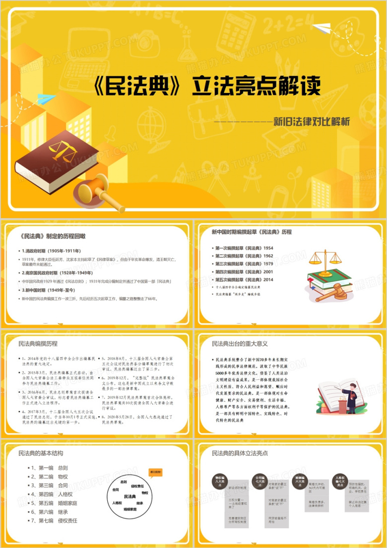 黄色卡通民法典亮点解读PPT模板