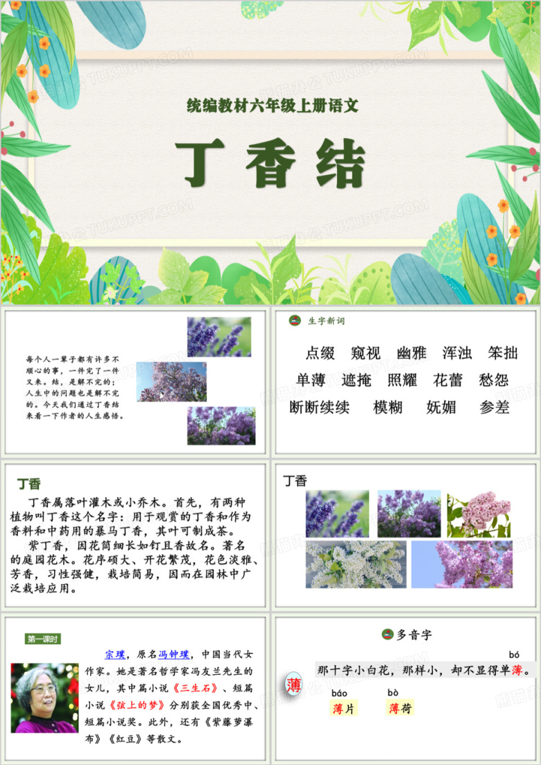 绿色语文课文丁香结介绍PPT模板