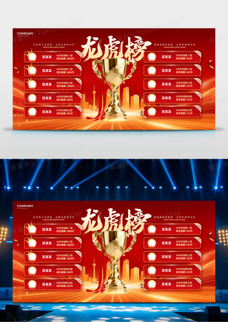 红金大气2026销售业绩冠军奖杯年会龙虎榜展板