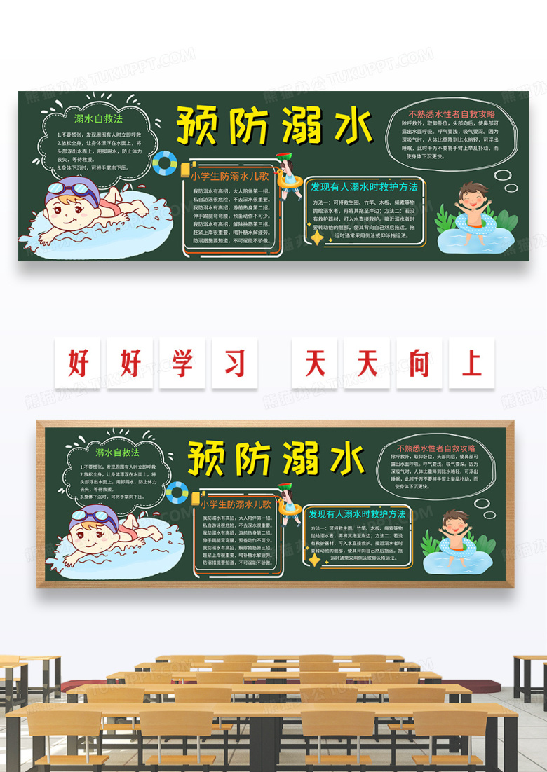 绿色简约卡通预防溺水黑板报