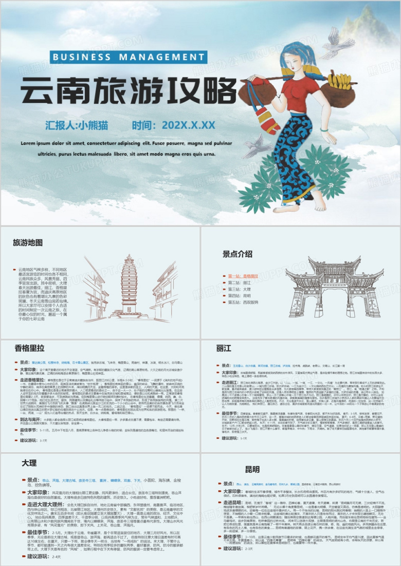 蓝色简约风云南旅游攻略PPT模板
