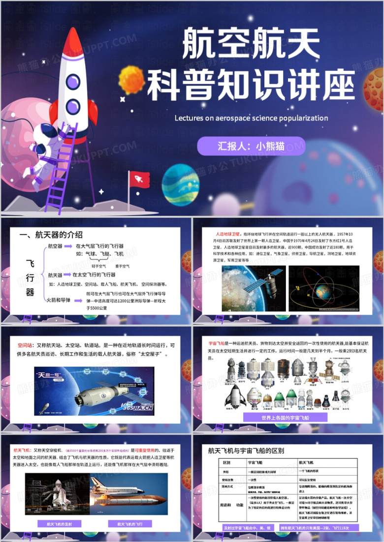 紫色卡通风航天科普知识PPT模板