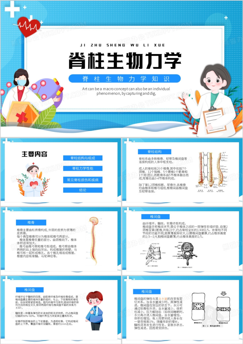 蓝色卡通风脊柱生物力学PPT模板