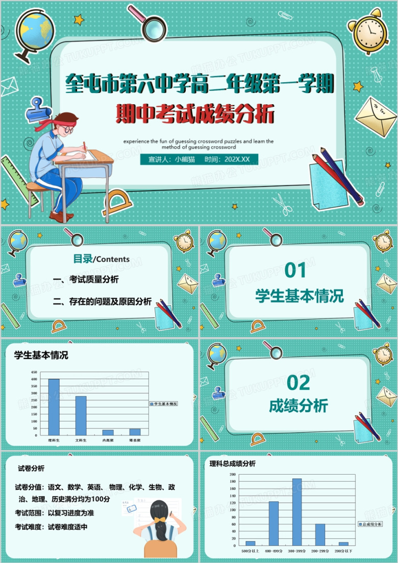 绿色卡通风高二期中考试成绩分析PPT模板