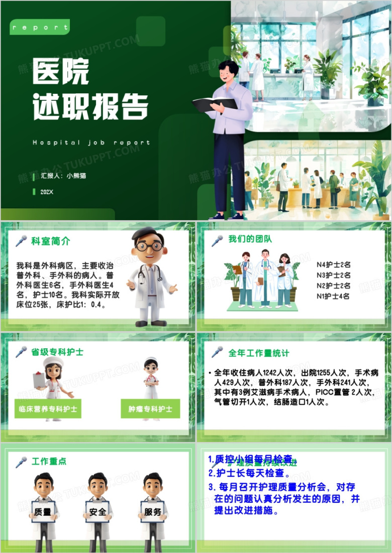 绿色卡通风医院述职报告PPT模板