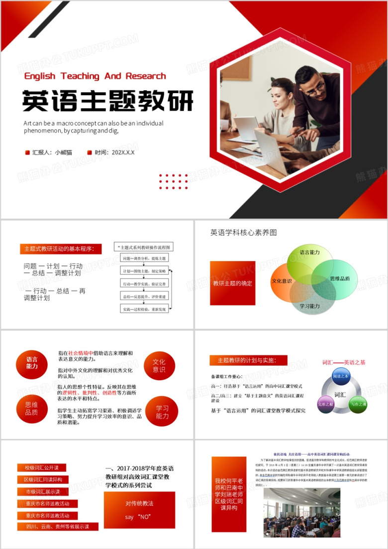 红色简约风英语组主题教研PPT模板