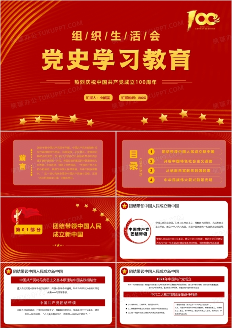 红色简约组织生活会党史学习教育PPT模板