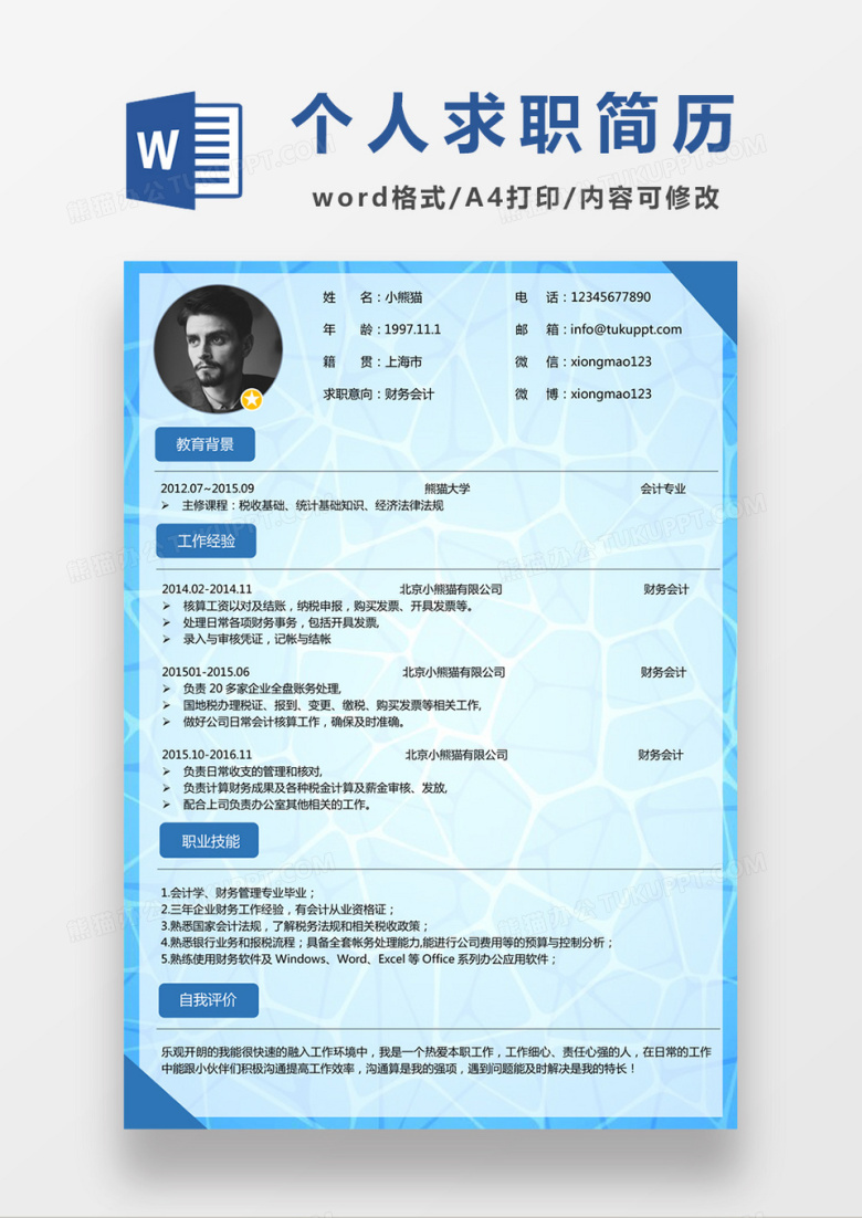 现代商务简约财务会计求职简历深蓝色word简历模板