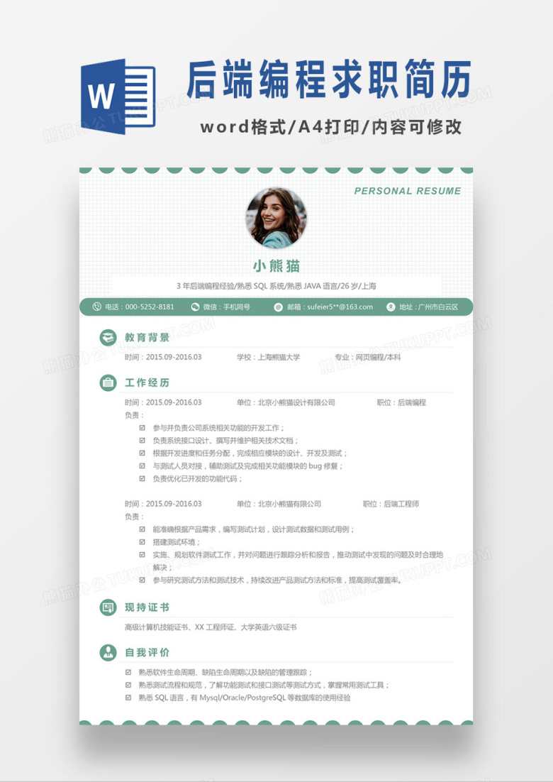 极简风后端编程网页编程求职简历个人简历简历word简历