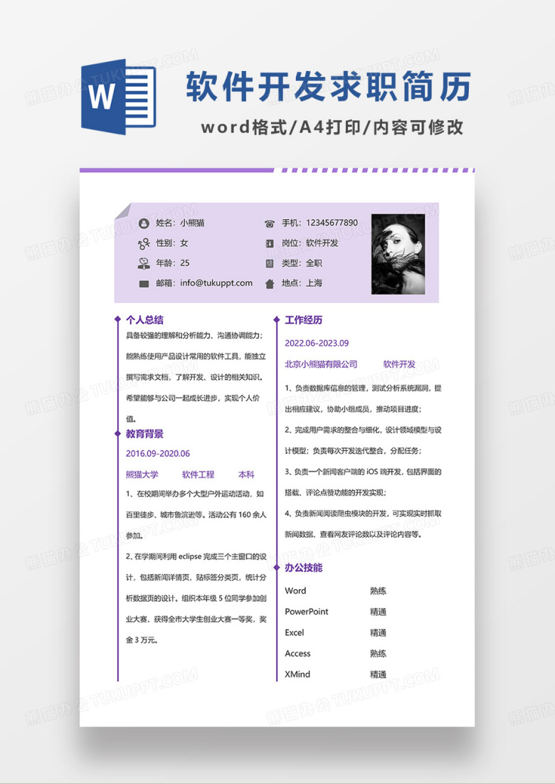 浅紫色简约软件开发求职简历WORD模板