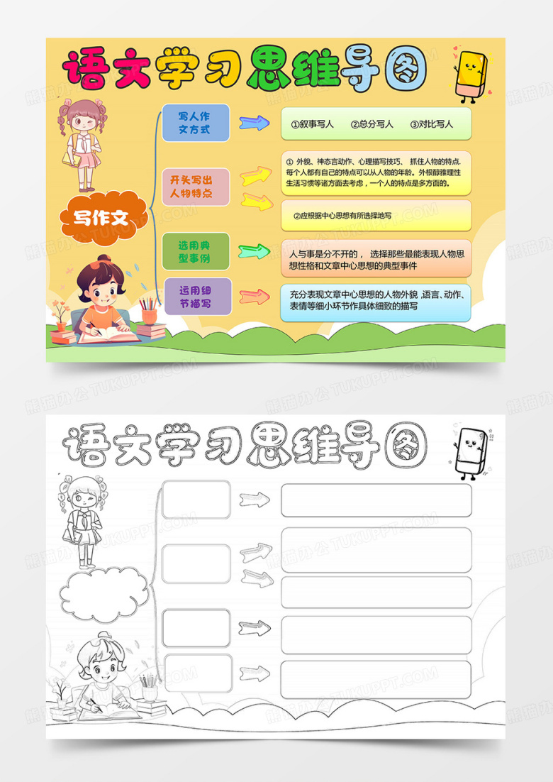 黄色卡通语文写作文思维导图小报学习手抄报