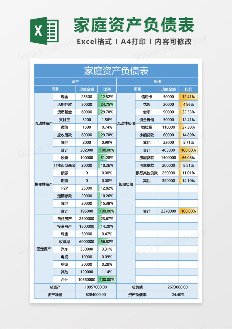 蓝色家庭资产负债表excel模板