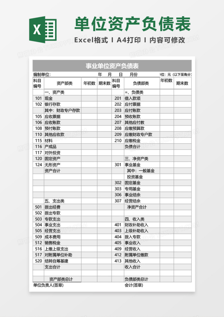 事业单位资产负债表Excel模板