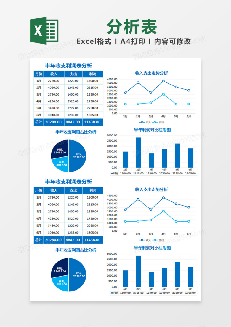 蓝色简约半年收支利润分析表excel模版