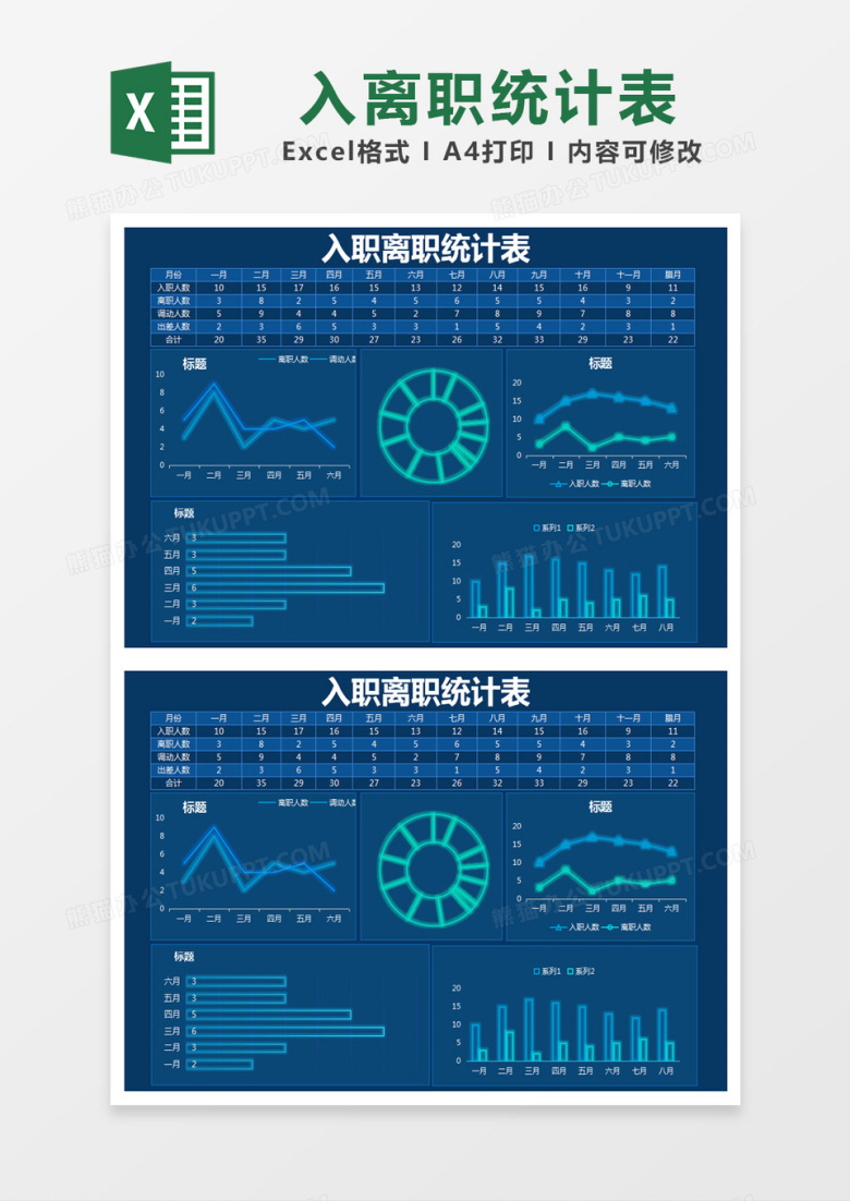 蓝色简约入职离职统计表excel模版