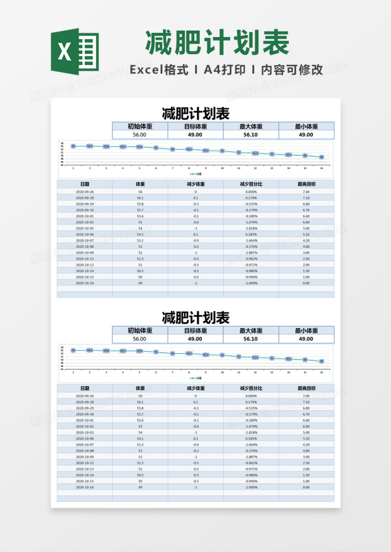 蓝色简约减肥计划表excel模版