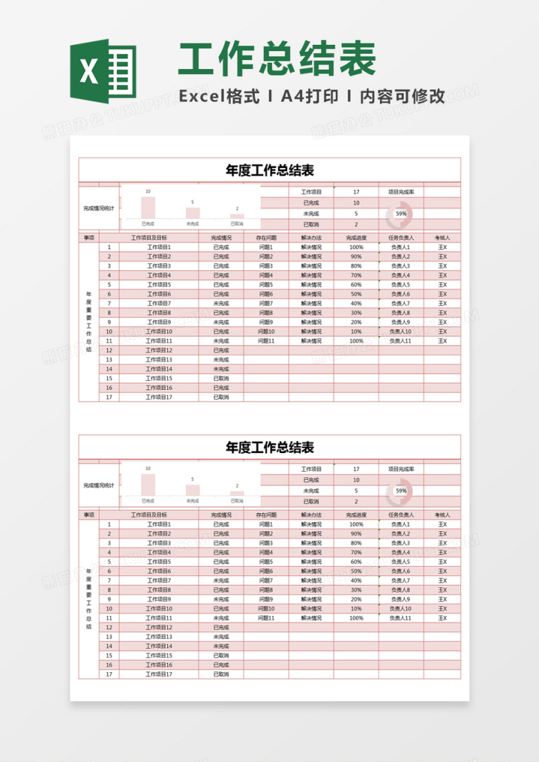 红色简约年度工作总结表excel模版