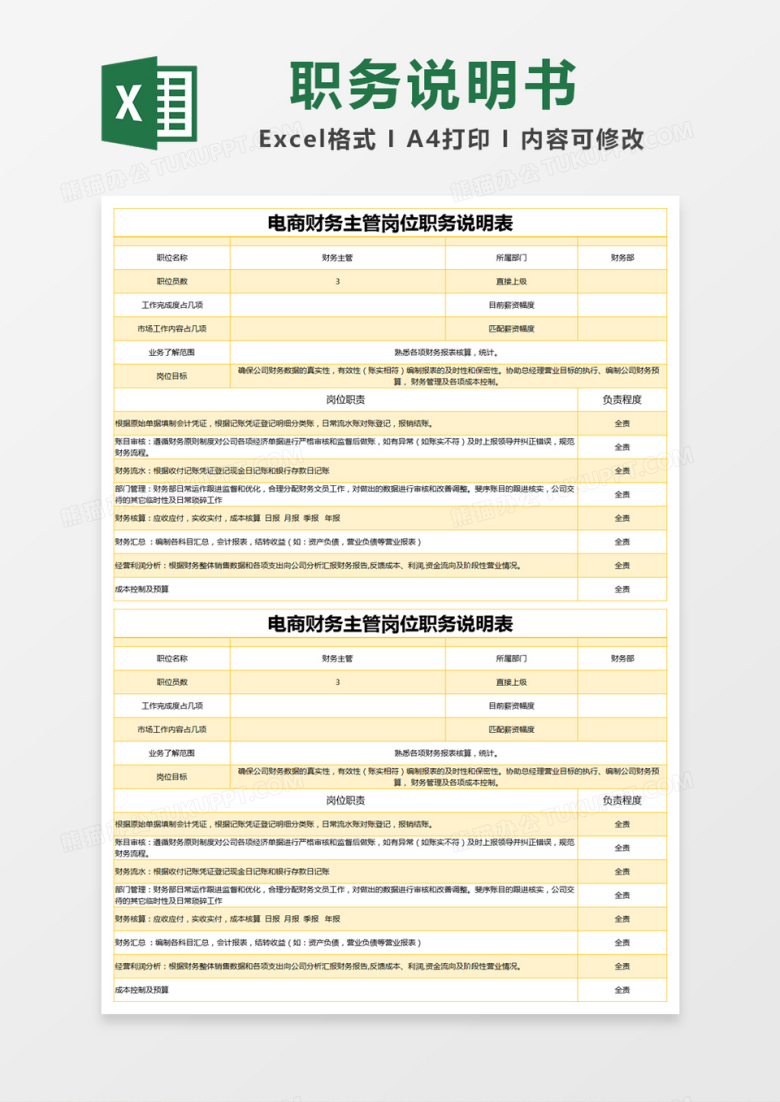 黄色简约电商财务主管岗位职务说明表excel模版