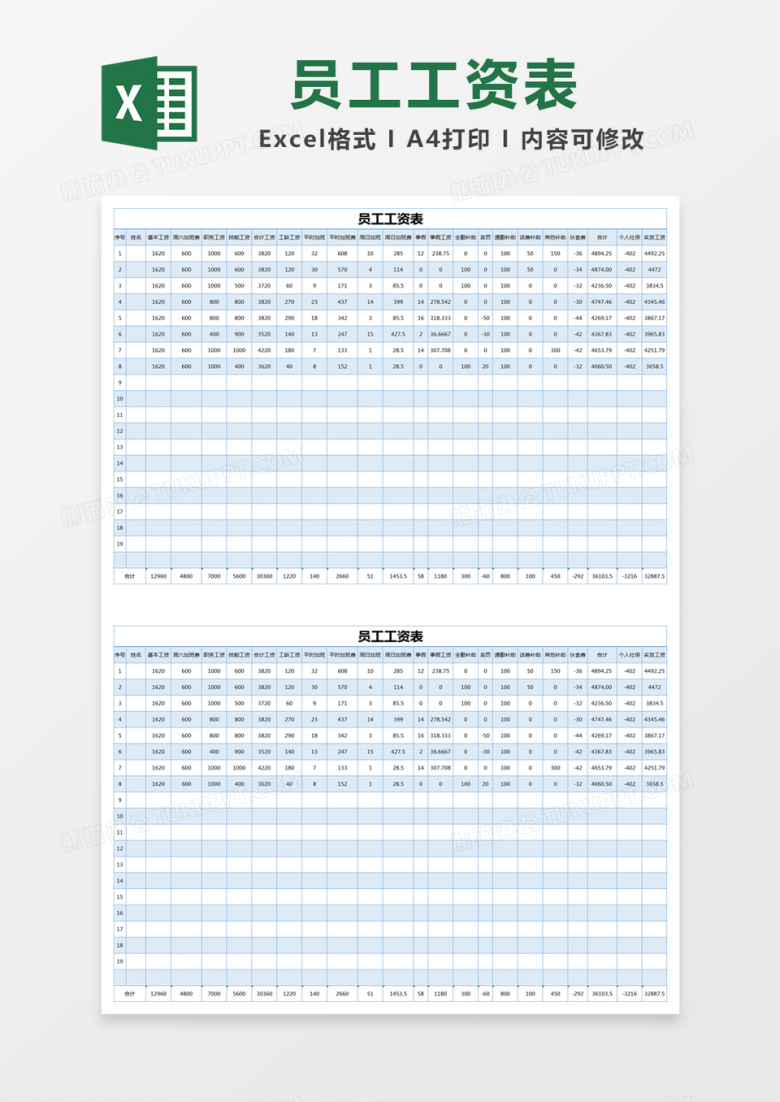 蓝色简约员工工资表excel模版
