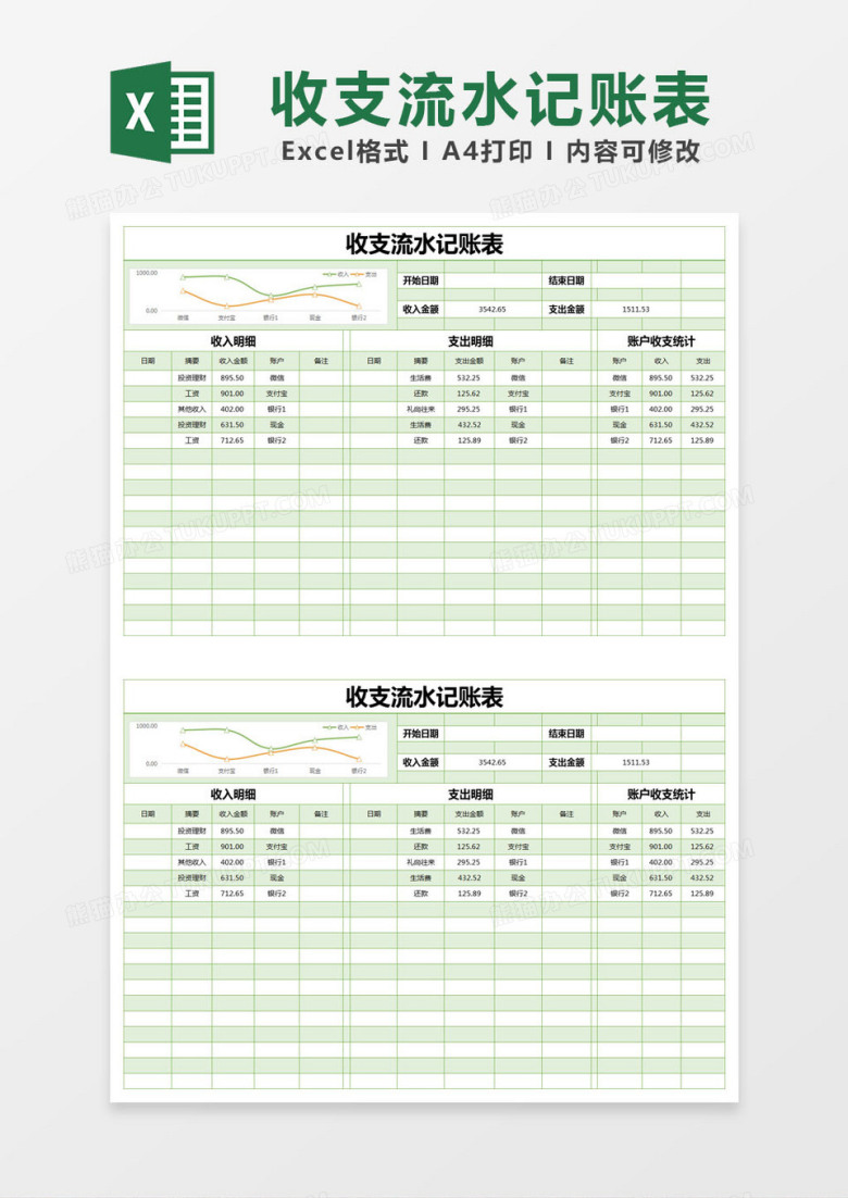 绿色简约收支流水记账表excel模版