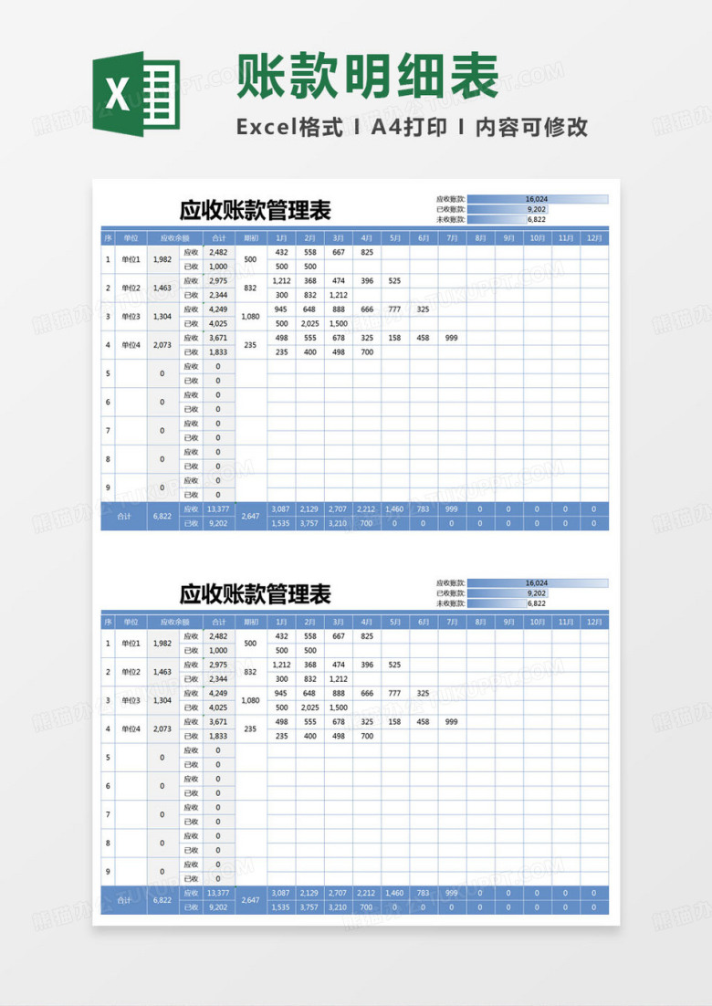 简约应收账款计划管理表excel模版
