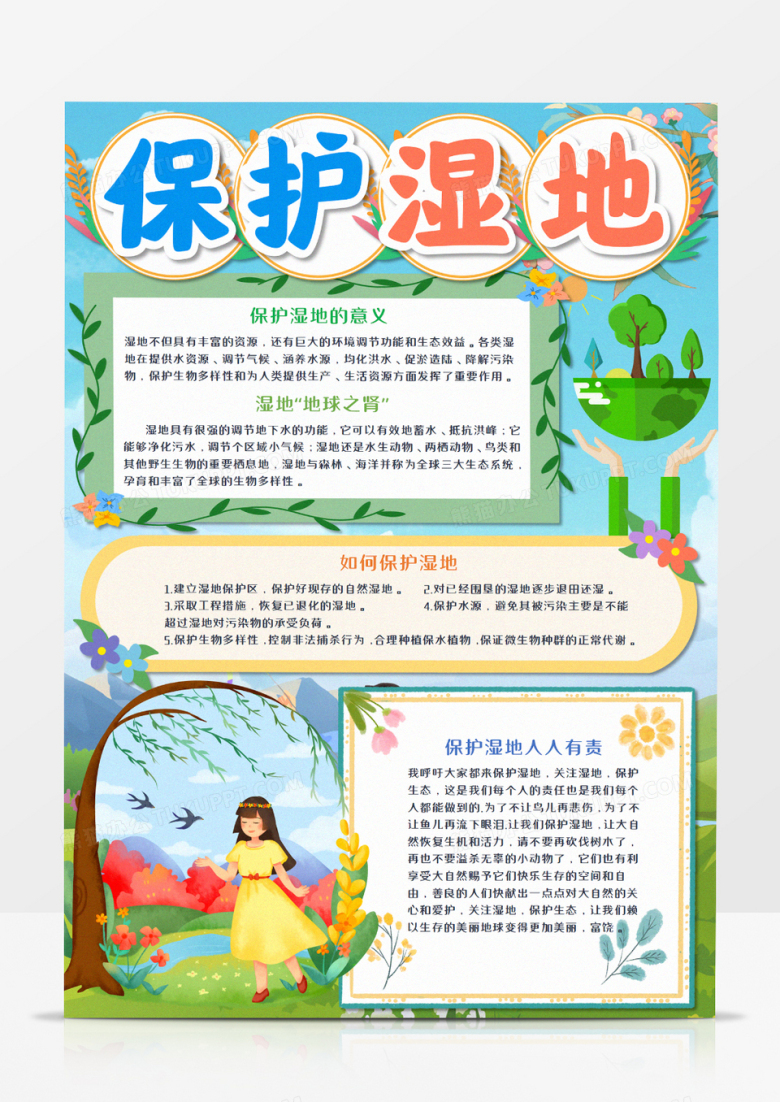 保护湿地环保竖版手抄报word模板    