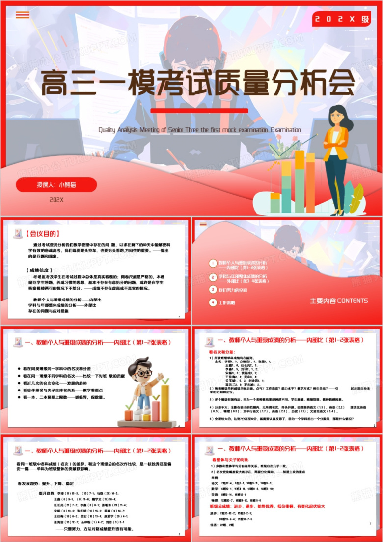 红色卡通风考试质量分析会PPT模板