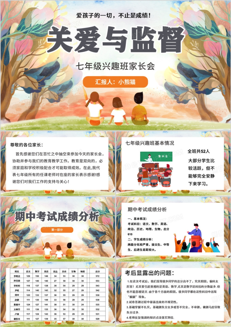 橙色清新风七年级家长会PPT模板