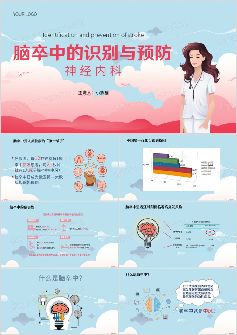 蓝色清新风脑卒中的识别与预防PPT模板