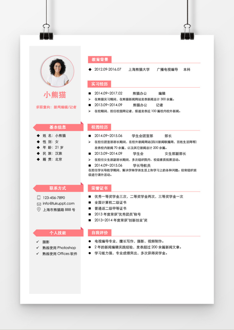 简约优雅风格西瓜风记者求职简历word简历模板