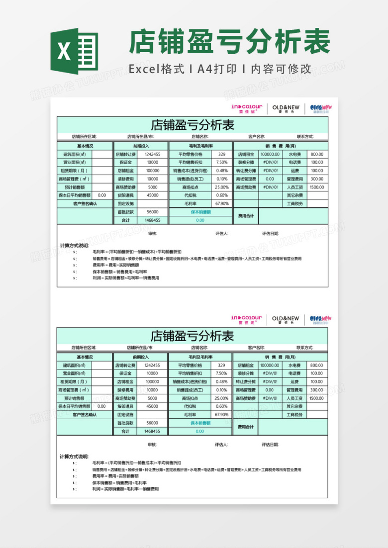 店铺盈亏分析表格excel表格模板