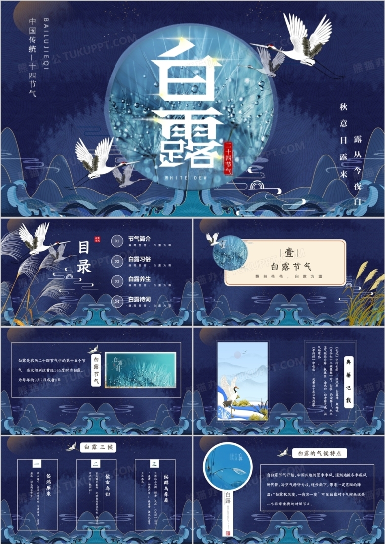 蓝色中国风二十四节气之白露PPT模板