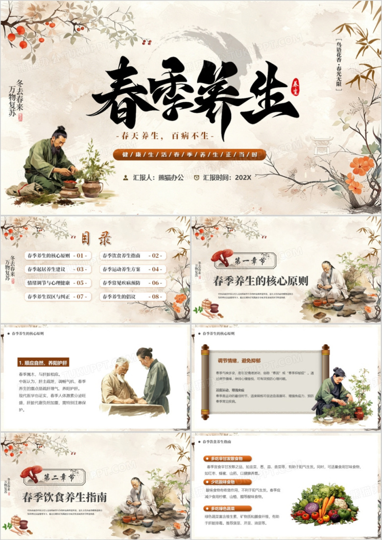 棕色中国风春季养生介绍PPT模版
