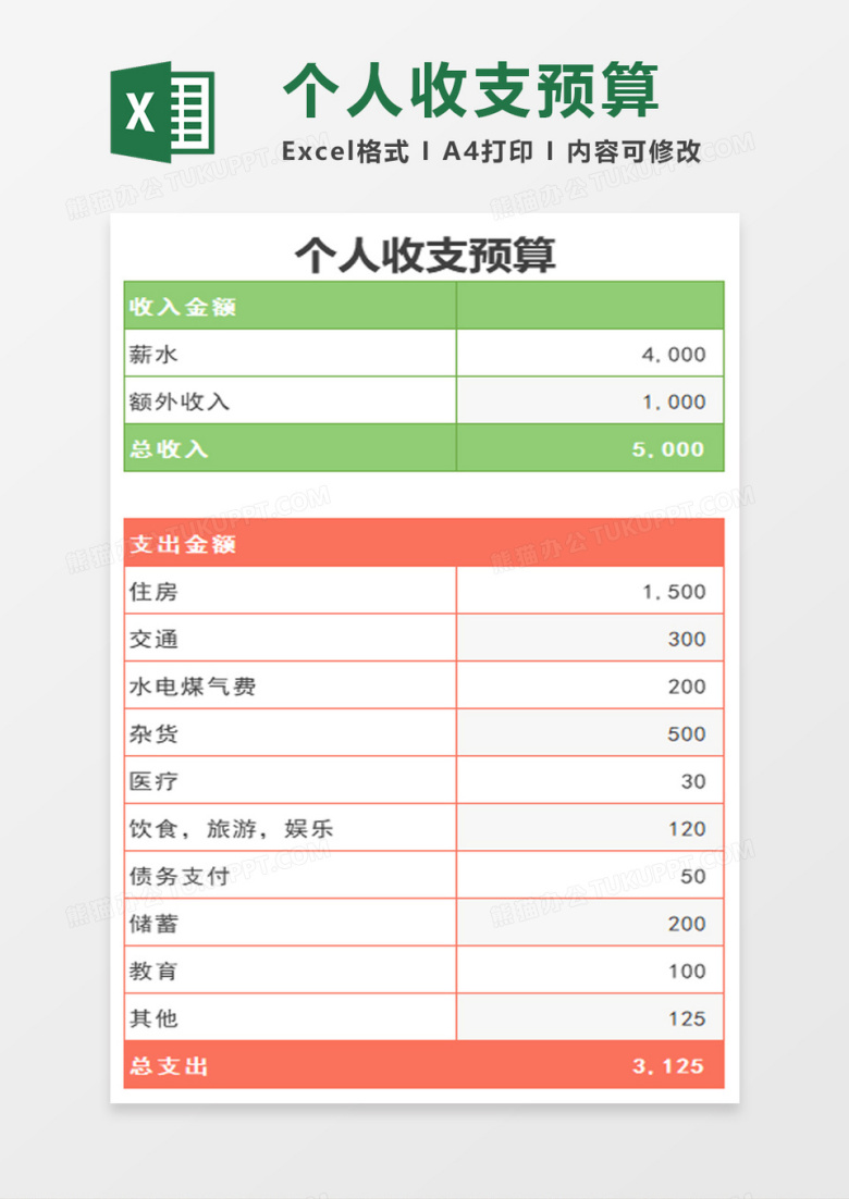 简约个人收支预算表excel模板