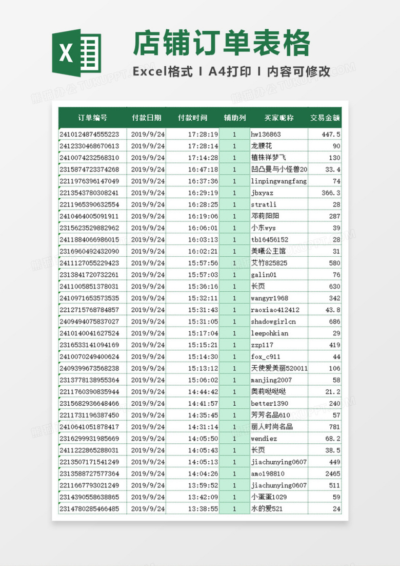 店铺订单表格excel模板