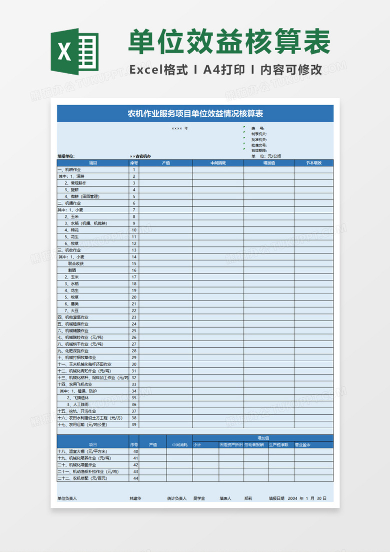 农机作业服务单位效益情况表excel模板