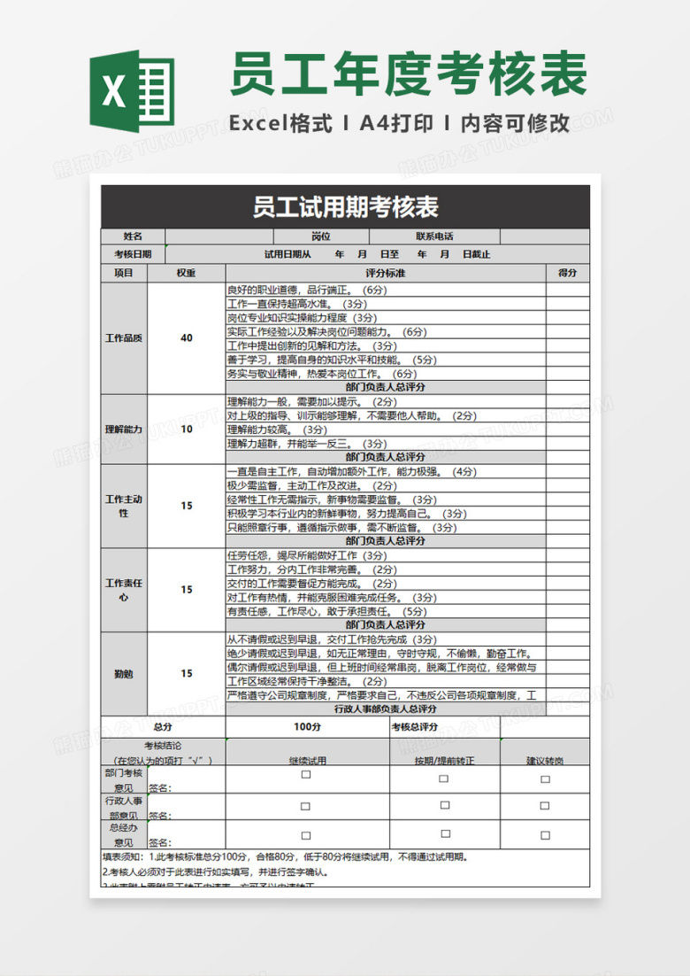 员工试用期考核表excel模板