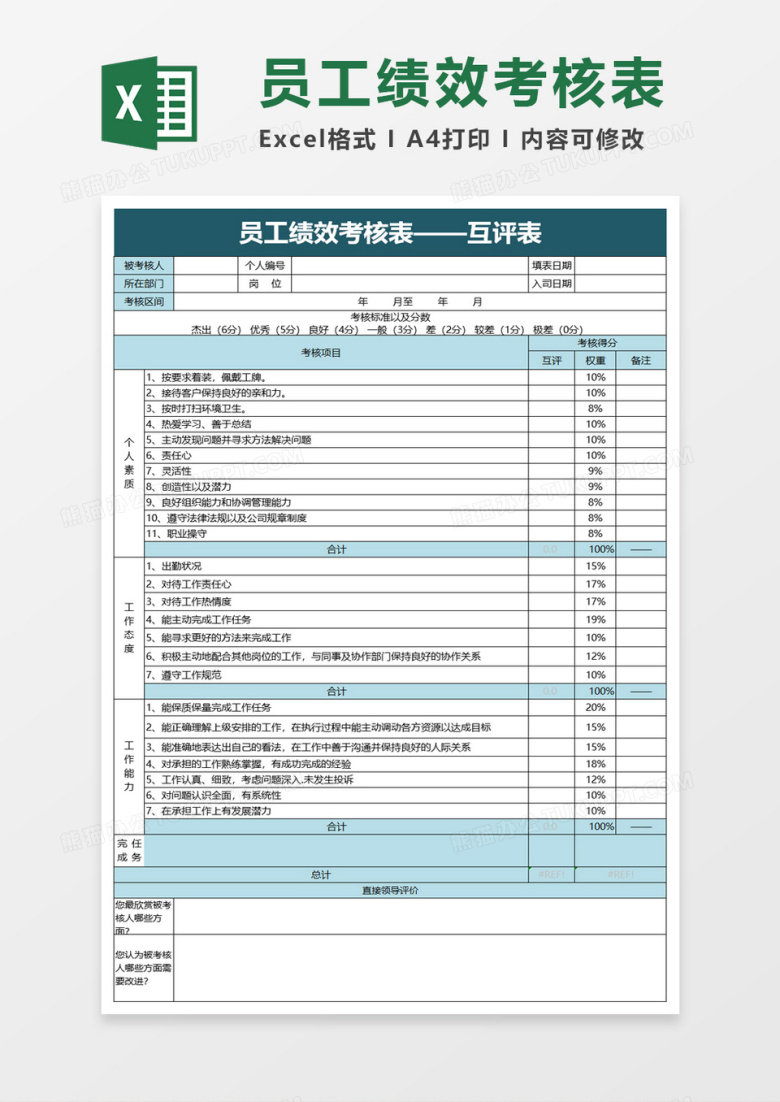 简洁简便员工绩效考核表excel模板
