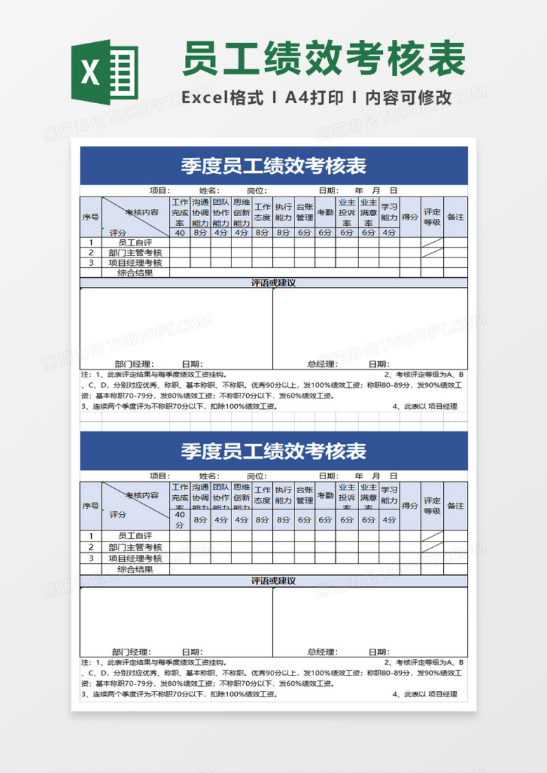 季度员工绩效考核表excel模板