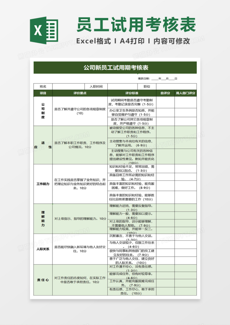 公司新员工试用期考核表excel模板