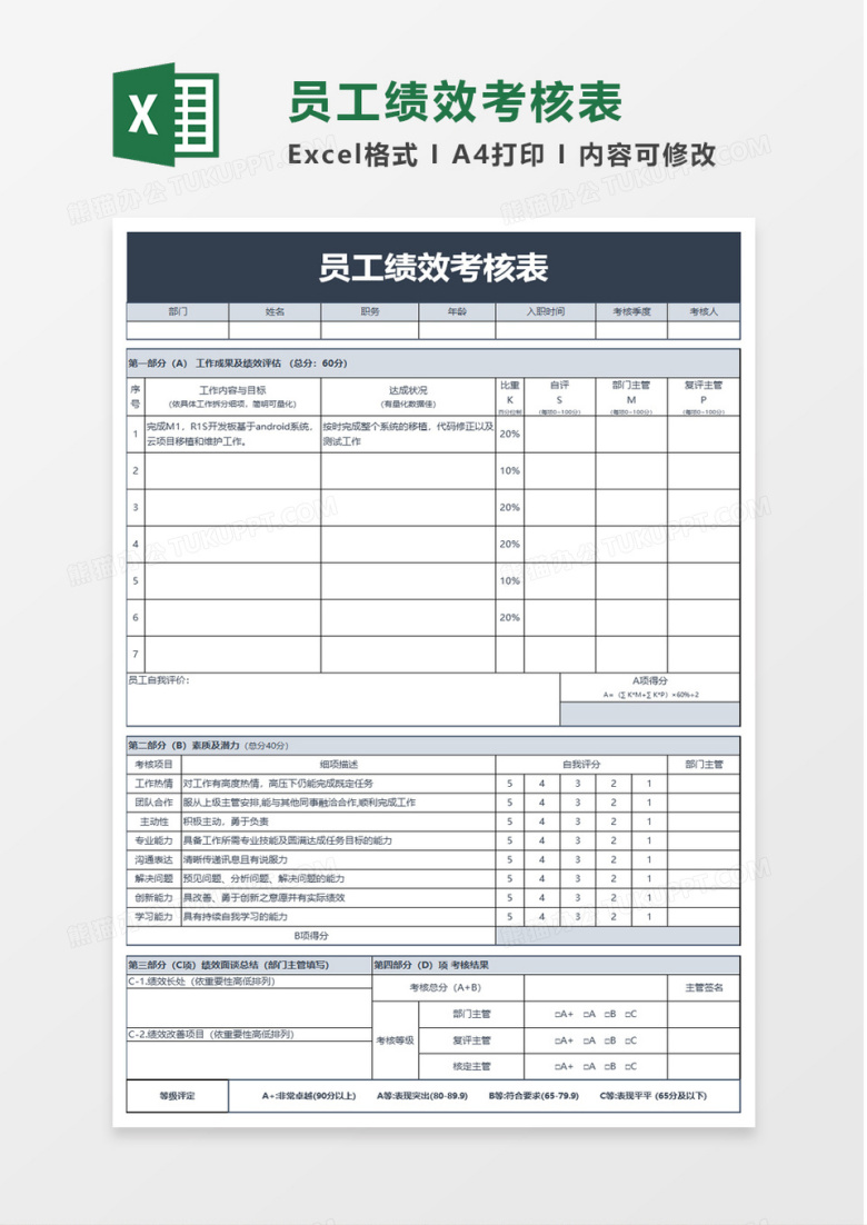 员工内部绩效考核表excel模板