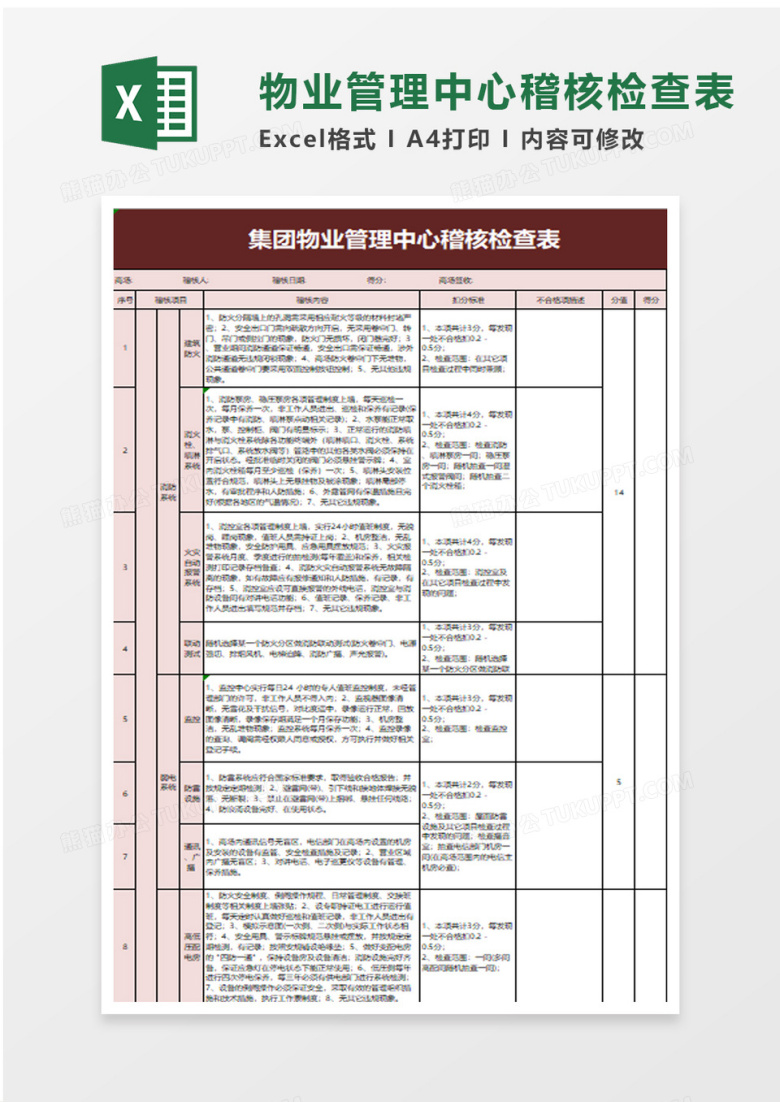 物业管理中心稽核检查表excel模板