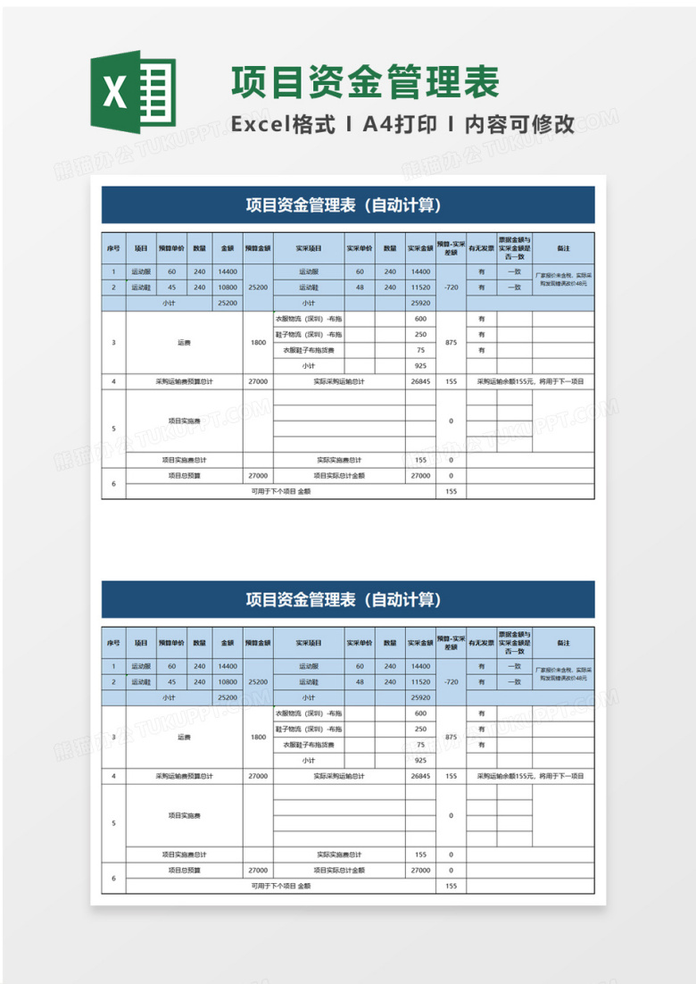 项目资金管理表excel模板