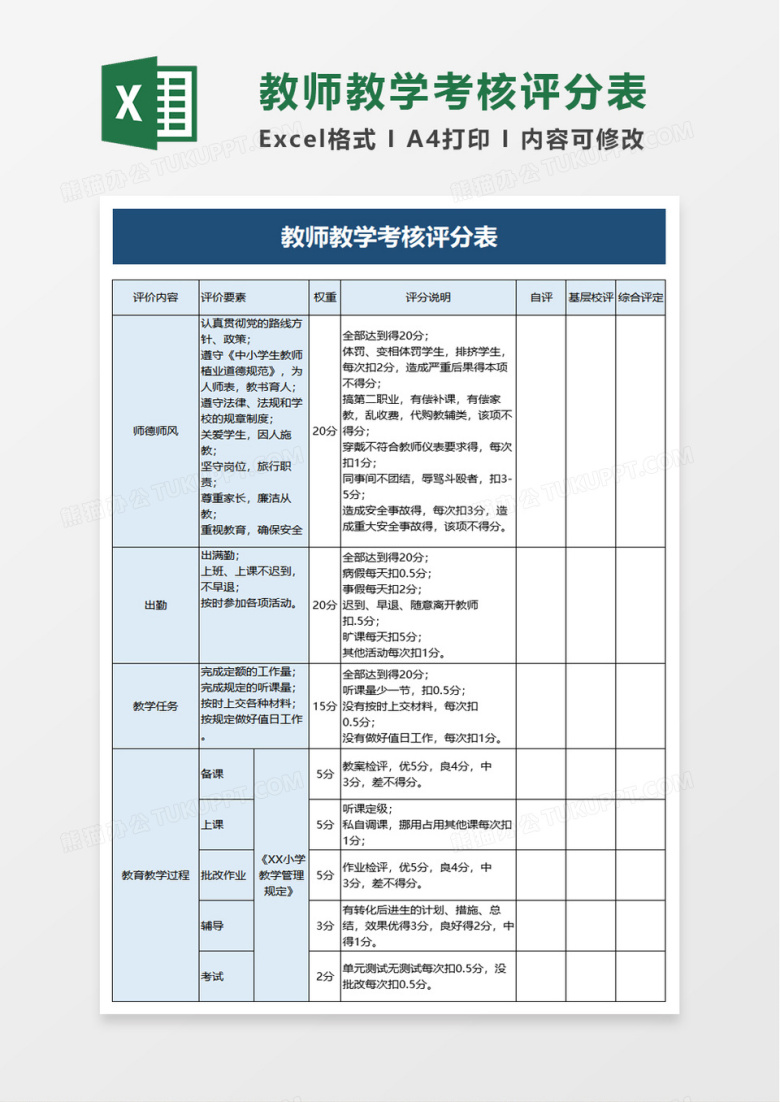 教师教学考核评分表excel模板