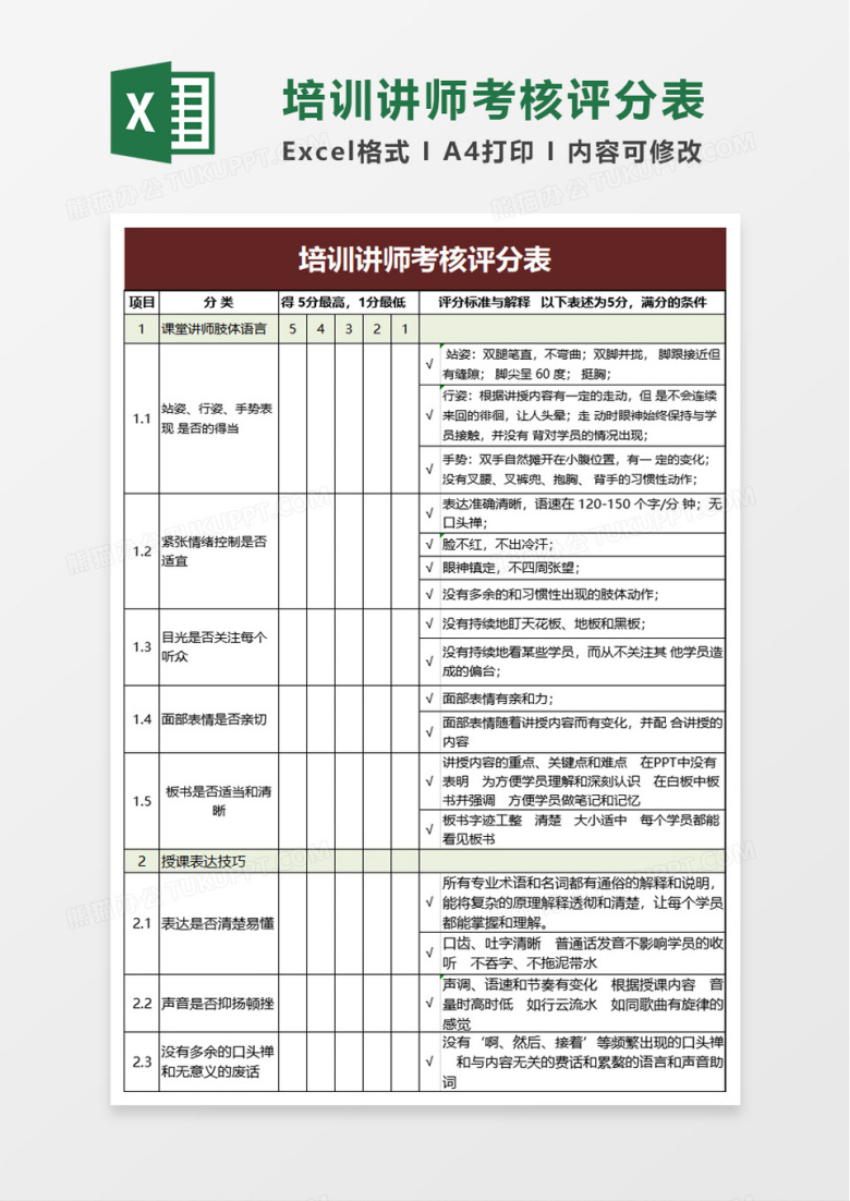 培训讲师考核评分表excel模板