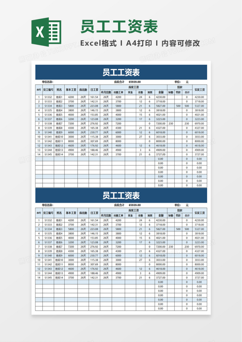 实用企业员工工资表excel模板